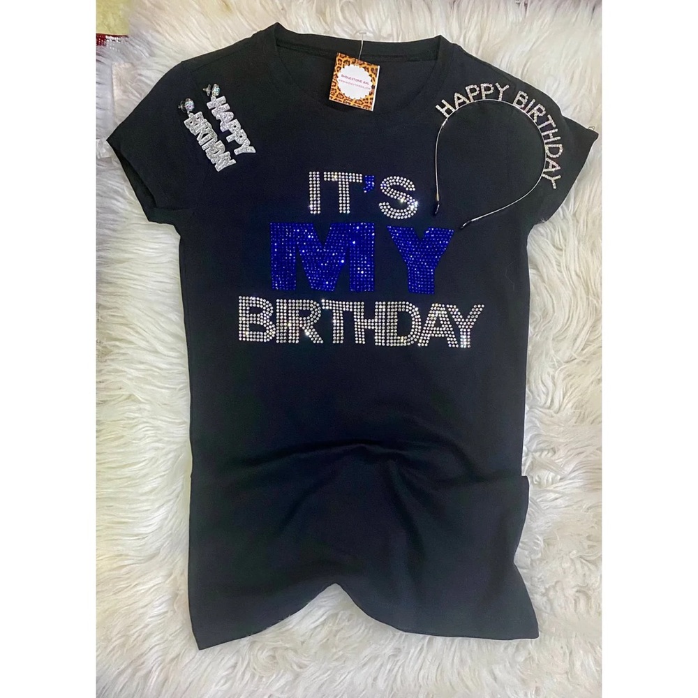BRAND NEW WITH TAGS Black Tee with It's My Birthday Blue Rhinestones